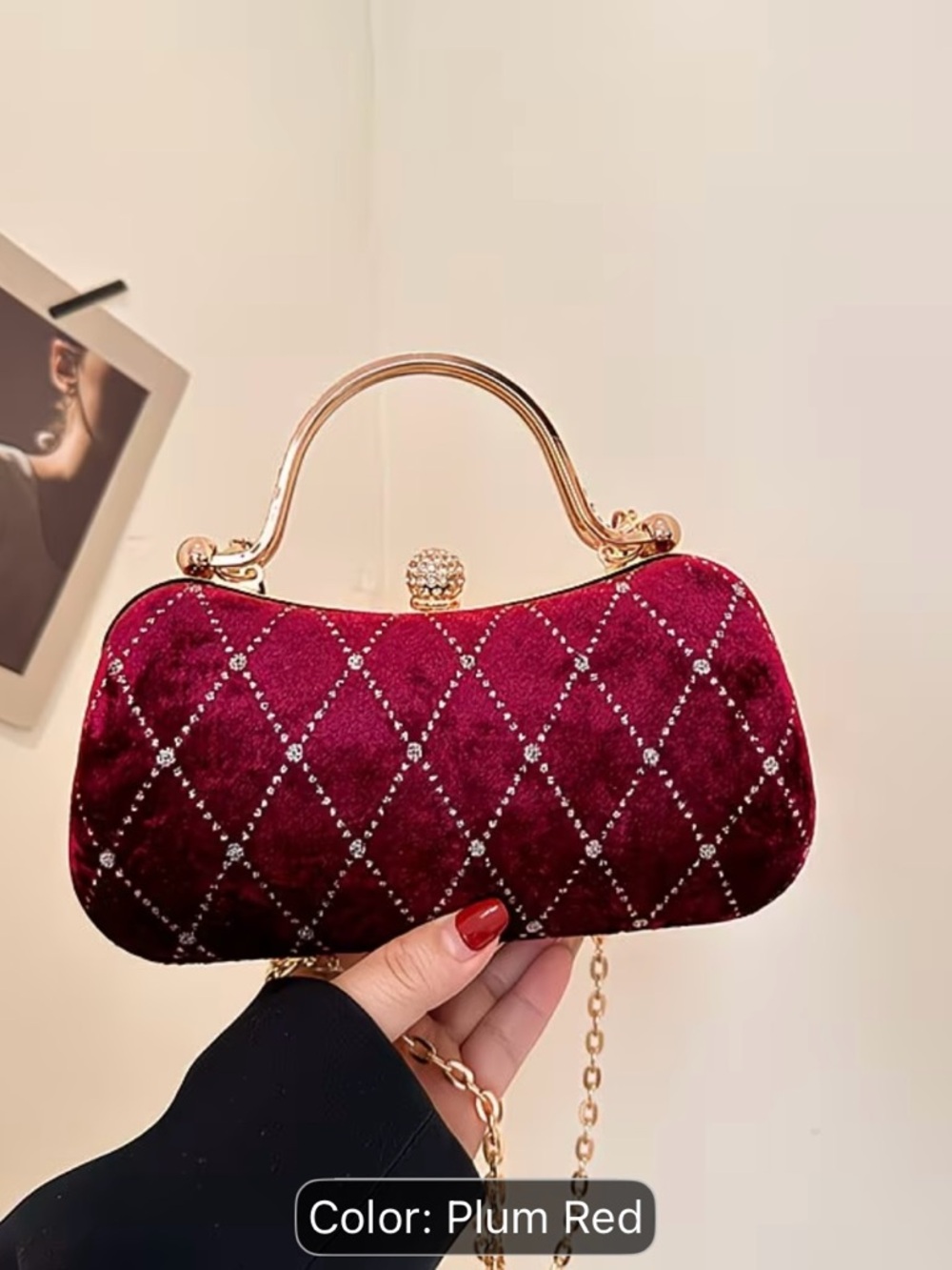 Velvet Quilted Burgundy Evening Clutch with Gold Handle
